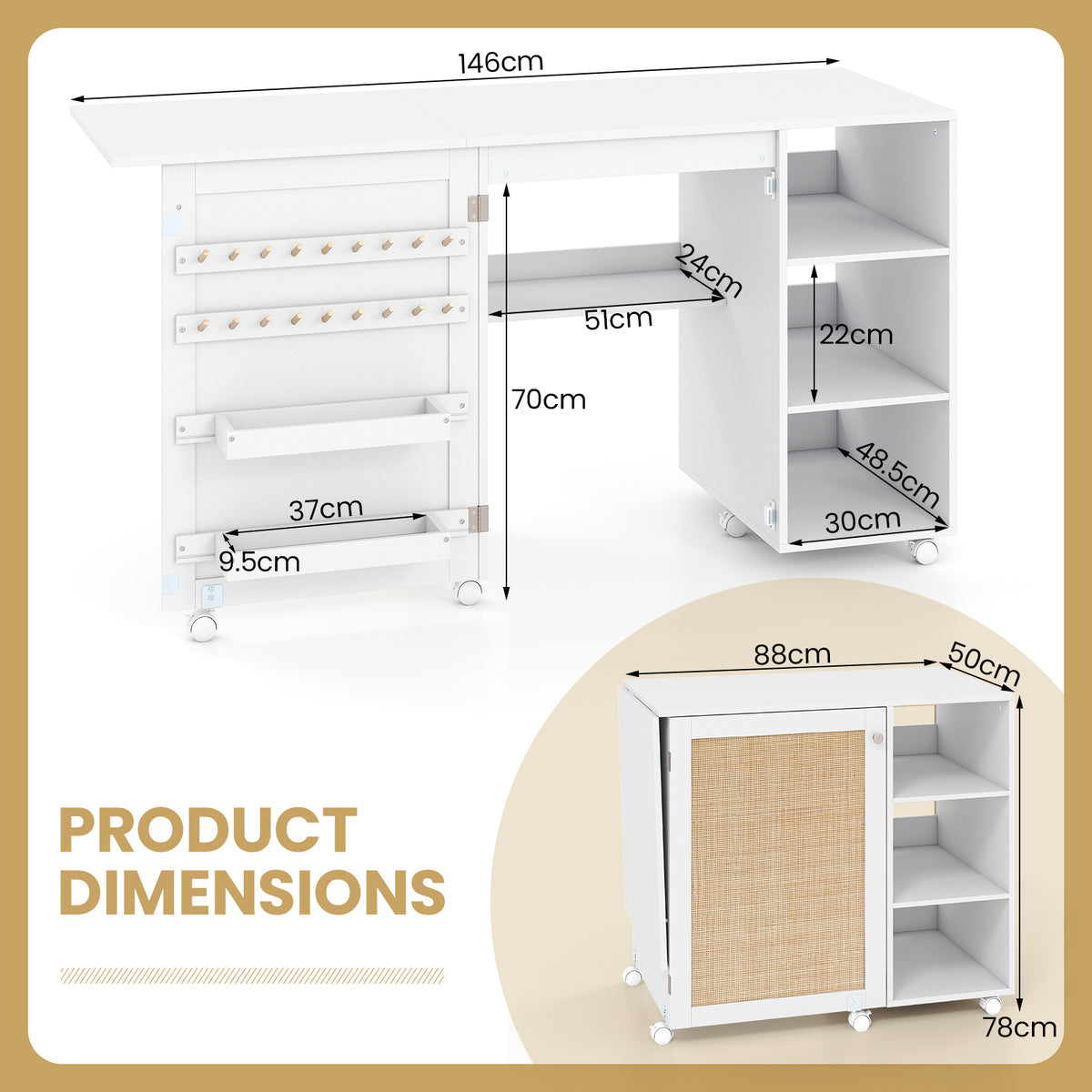 Folding Sewing Table with Rattan Door and Lockable Casters for Craft-White