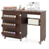 Folding Sewing Table with Storage Shelf and 3 Hidden Bins for Home-Brown