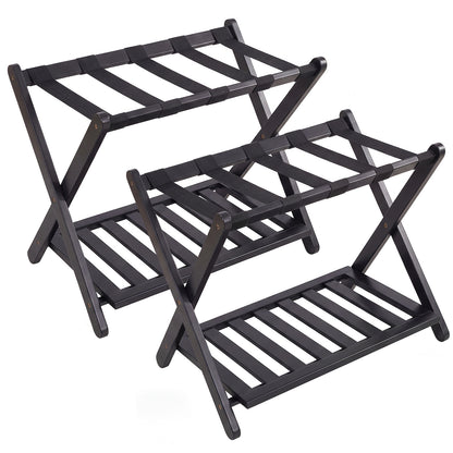 Folding Suitcase Stand with Straps and Bamboo Storage Shelves for Guest Room-Black