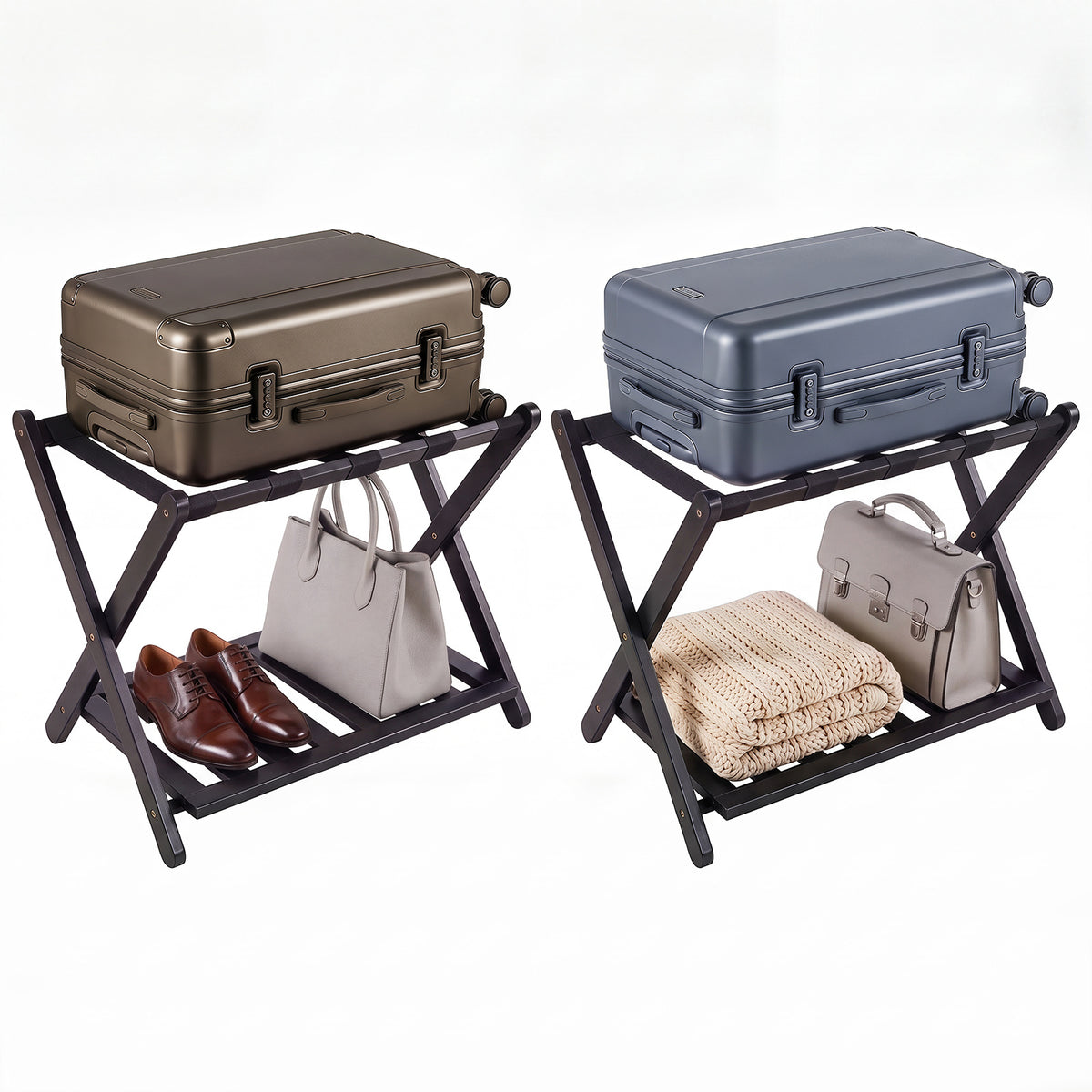 Folding Suitcase Stand with Straps and Bamboo Storage Shelves for Guest Room-Black