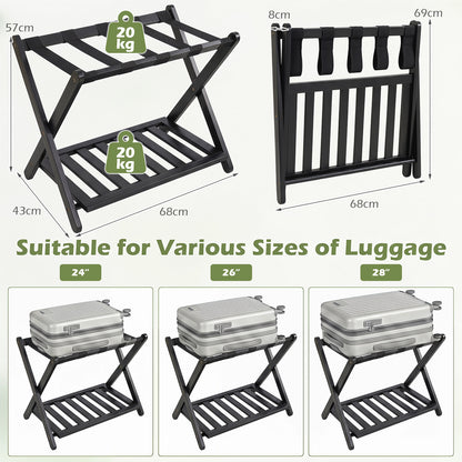 Folding Suitcase Stand with Straps and Bamboo Storage Shelves for Guest Room-Black