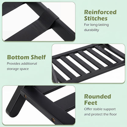 Folding Suitcase Stand with Straps and Bamboo Storage Shelves for Guest Room-Black