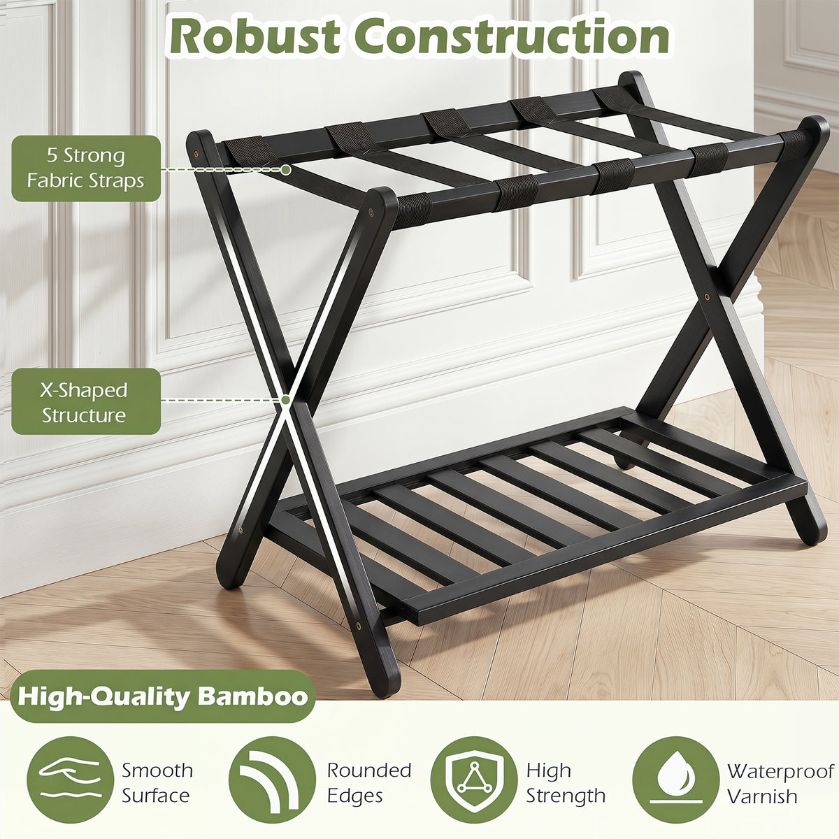 Folding Suitcase Stand with Straps and Bamboo Storage Shelves for Guest Room-Black