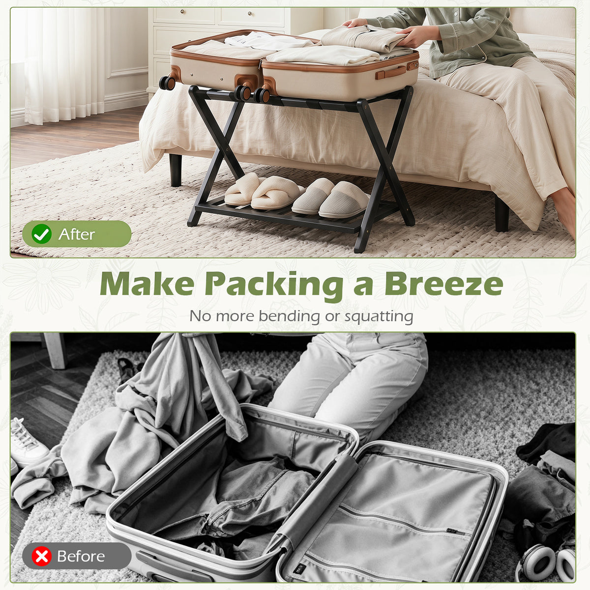 Folding Suitcase Stand with Straps and Bamboo Storage Shelves for Guest Room-Black