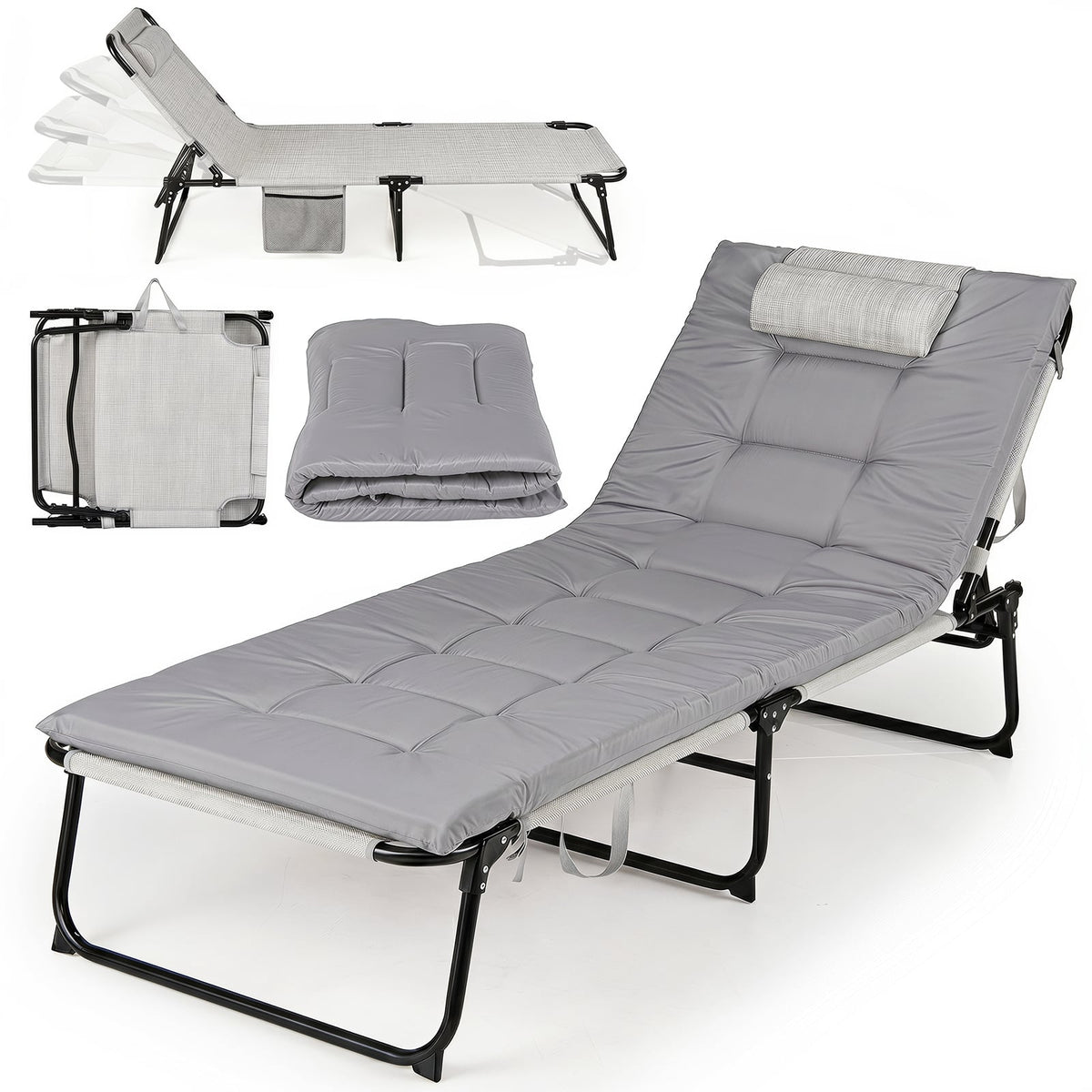 Folding Sun Lounger Foldable Beach Sun Lounger with 4-Position Adjustable Backrest-Grey