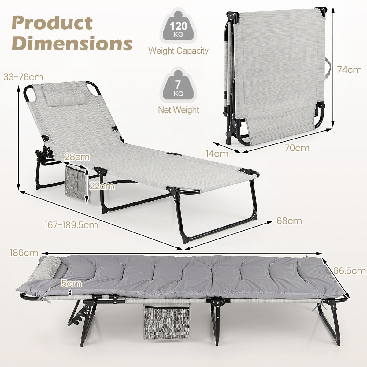 Folding Sun Lounger Foldable Beach Sun Lounger with 4-Position Adjustable Backrest-Grey