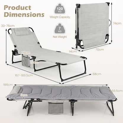Folding Sun Lounger Foldable Beach Sun Lounger with 4-Position Adjustable Backrest-Grey
