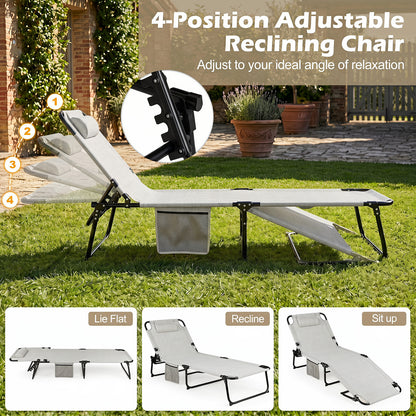 Folding Sun Lounger Foldable Beach Sun Lounger with 4-Position Adjustable Backrest-Grey
