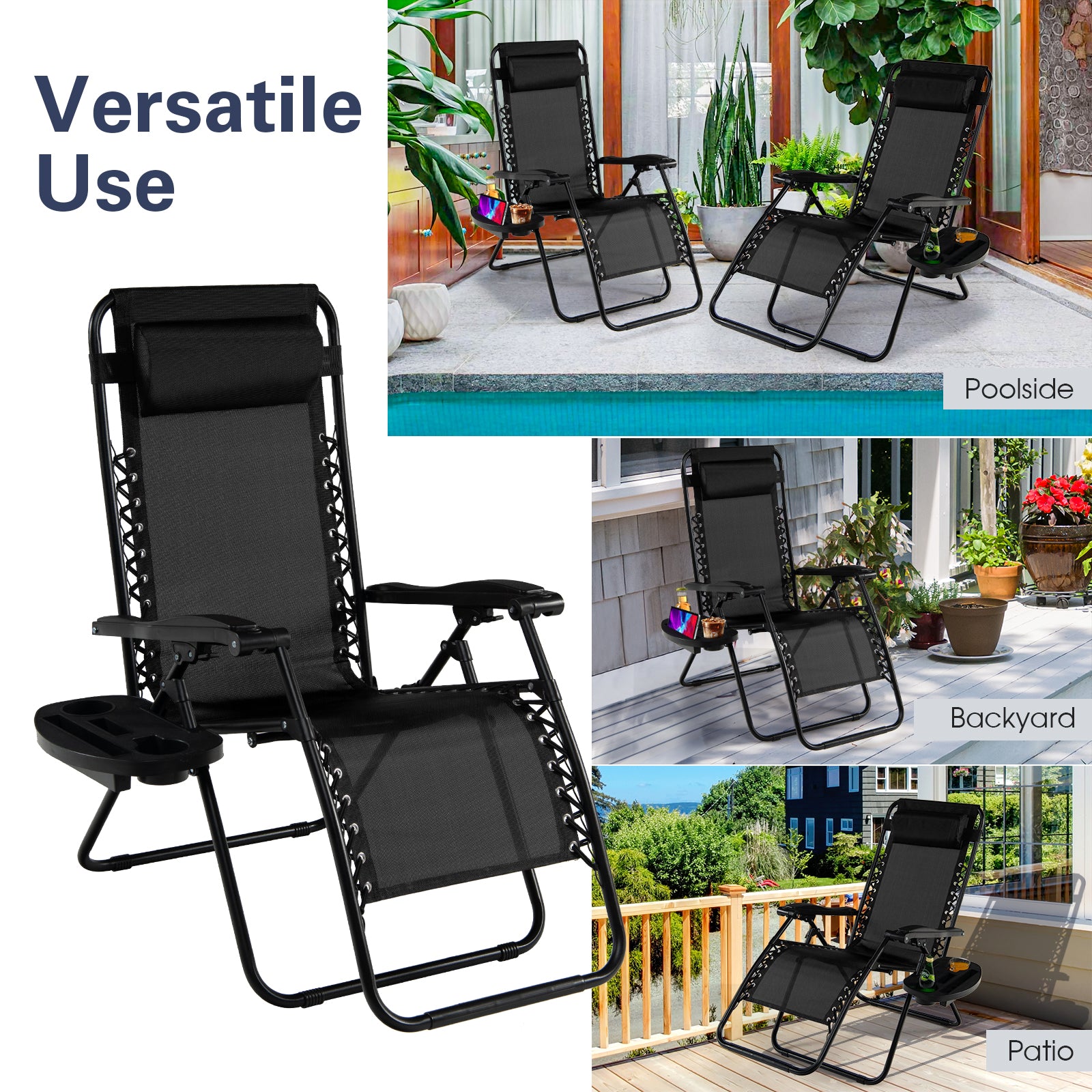 Folding Patio Recliners with Removable Headrest and Cup Holder Set of 2-Black
