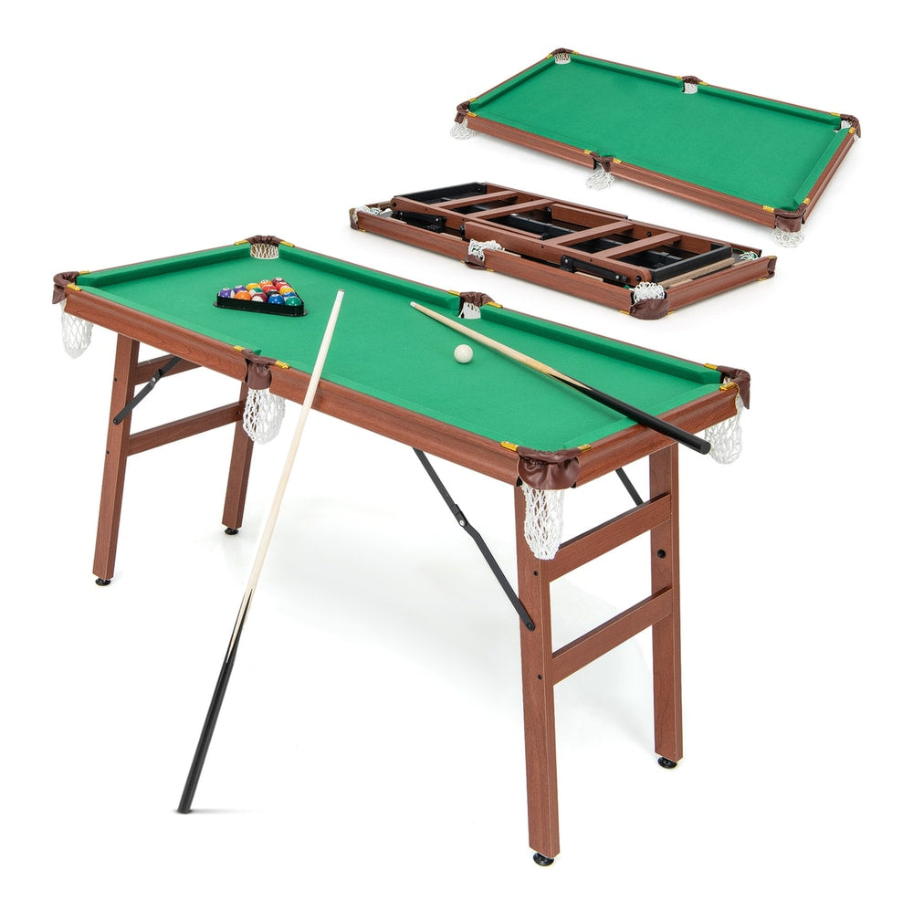 The billiards table shown set up and folded