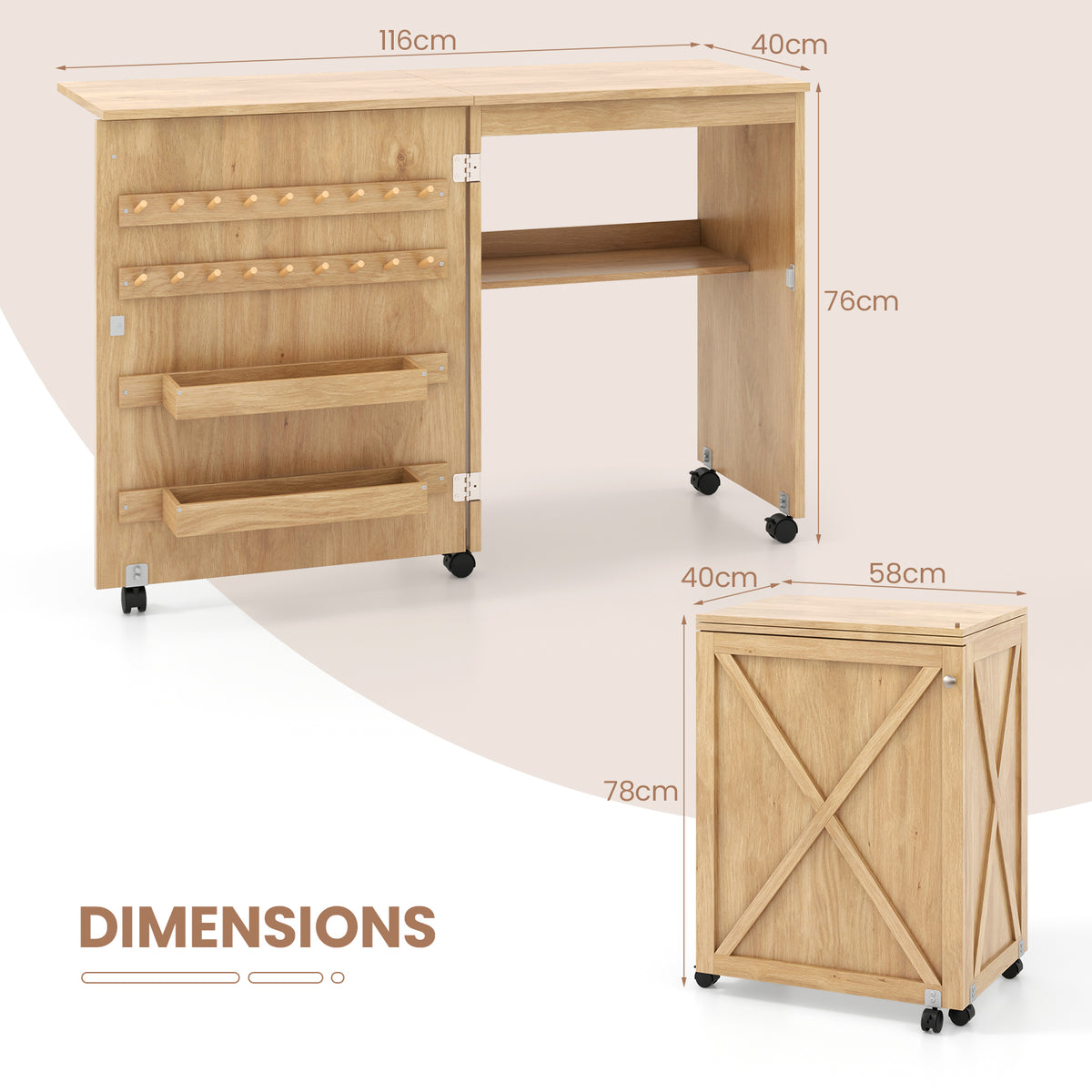 Folding Sewing Table with Storage Shelf and 5 Lockable Wheels-Natural