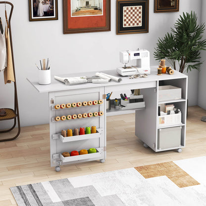 Folding Sewing Table with Storage Shelves and 18 Pegs and Lockable Casters-White