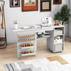 Folding Sewing Table with Storage Shelves and 18 Pegs and Lockable Casters-White