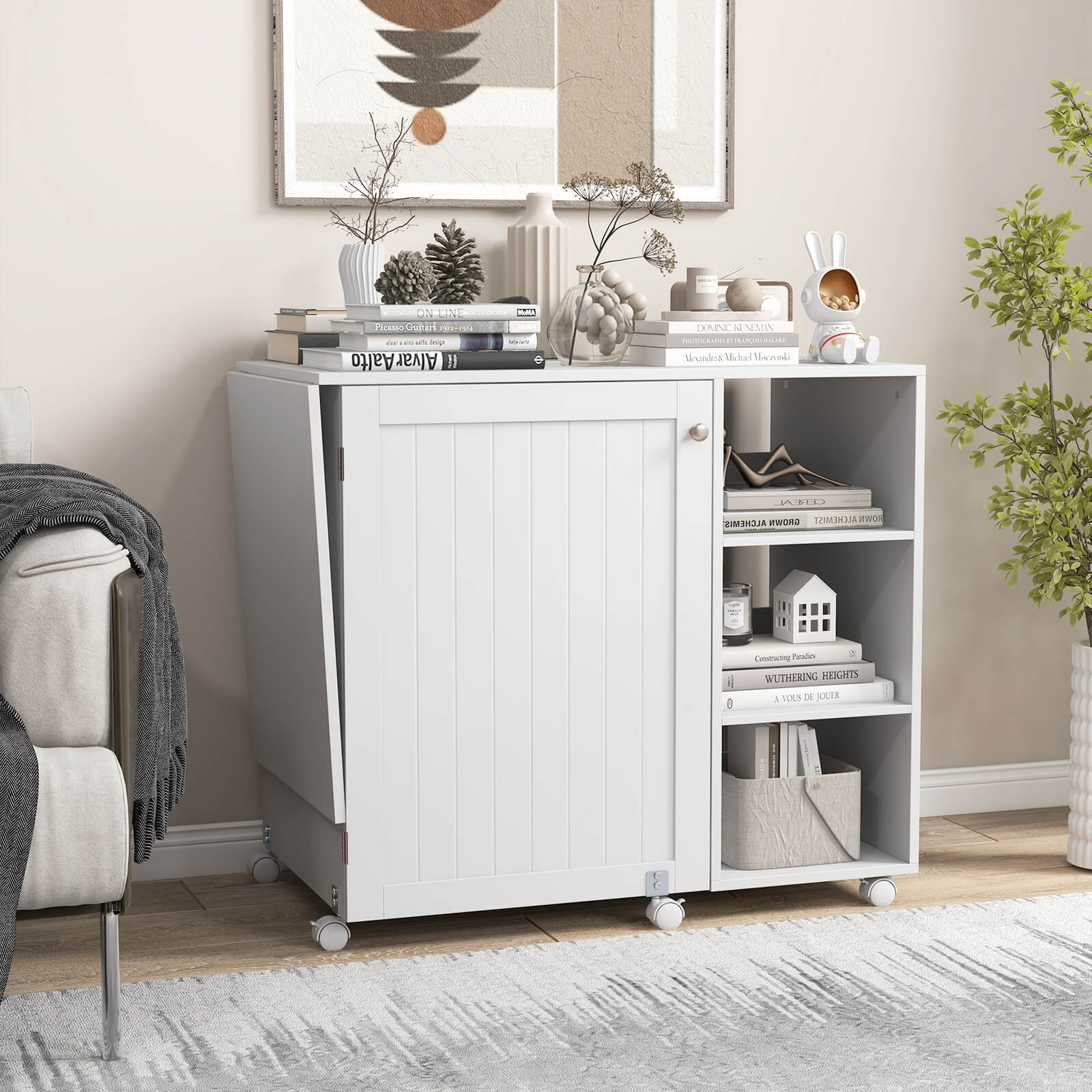 Folding Sewing Table with Storage Shelves and 18 Pegs and Lockable Casters-White