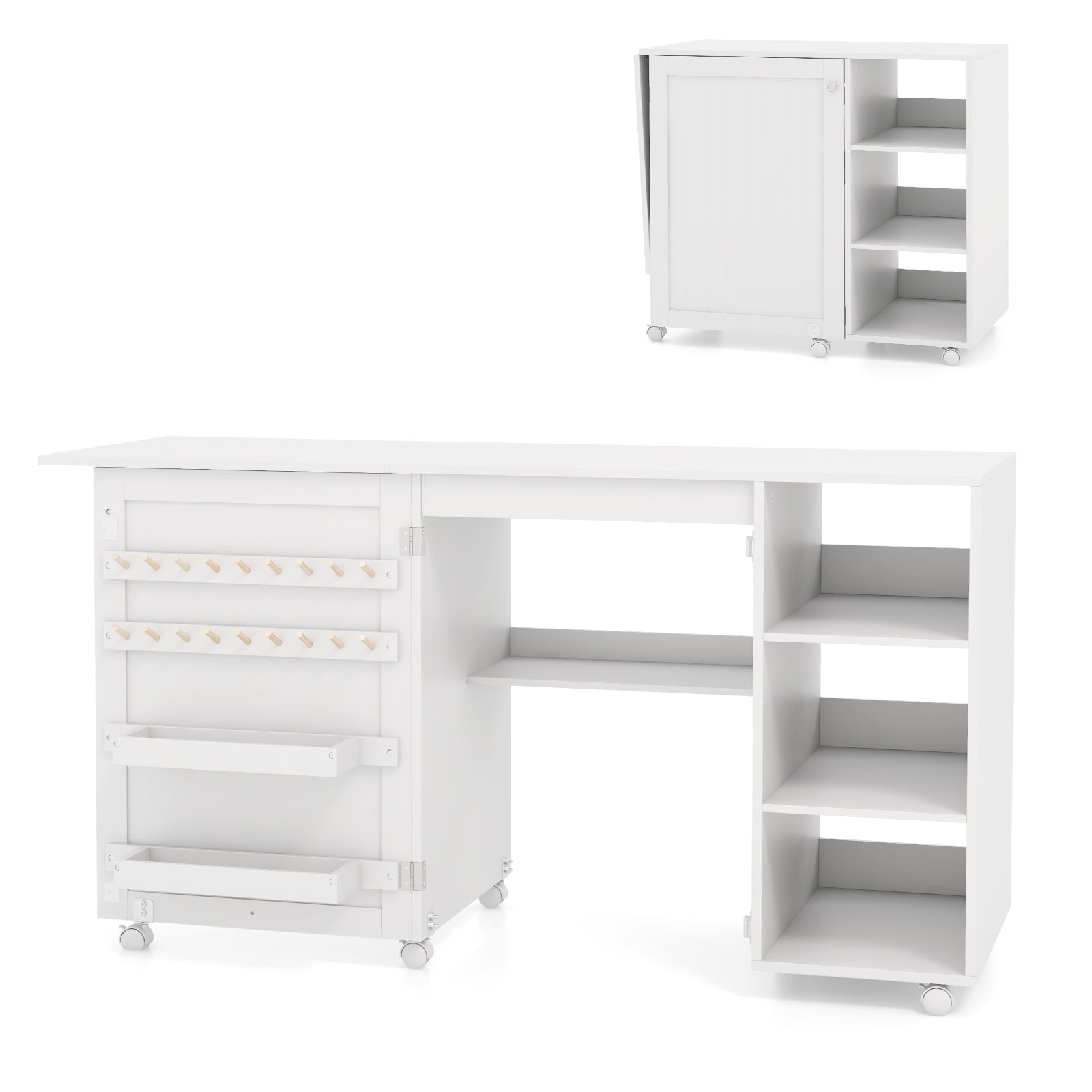 Folding Sewing Table with Storage Shelves and 18 Pegs and Lockable Casters-White