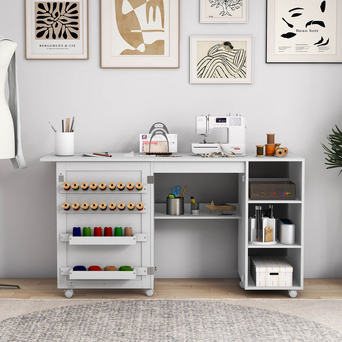 Folding Sewing Table with Storage Shelves and 18 Pegs and Lockable Casters-White