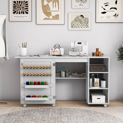 Folding Sewing Table with Storage Shelves and 18 Pegs and Lockable Casters-White