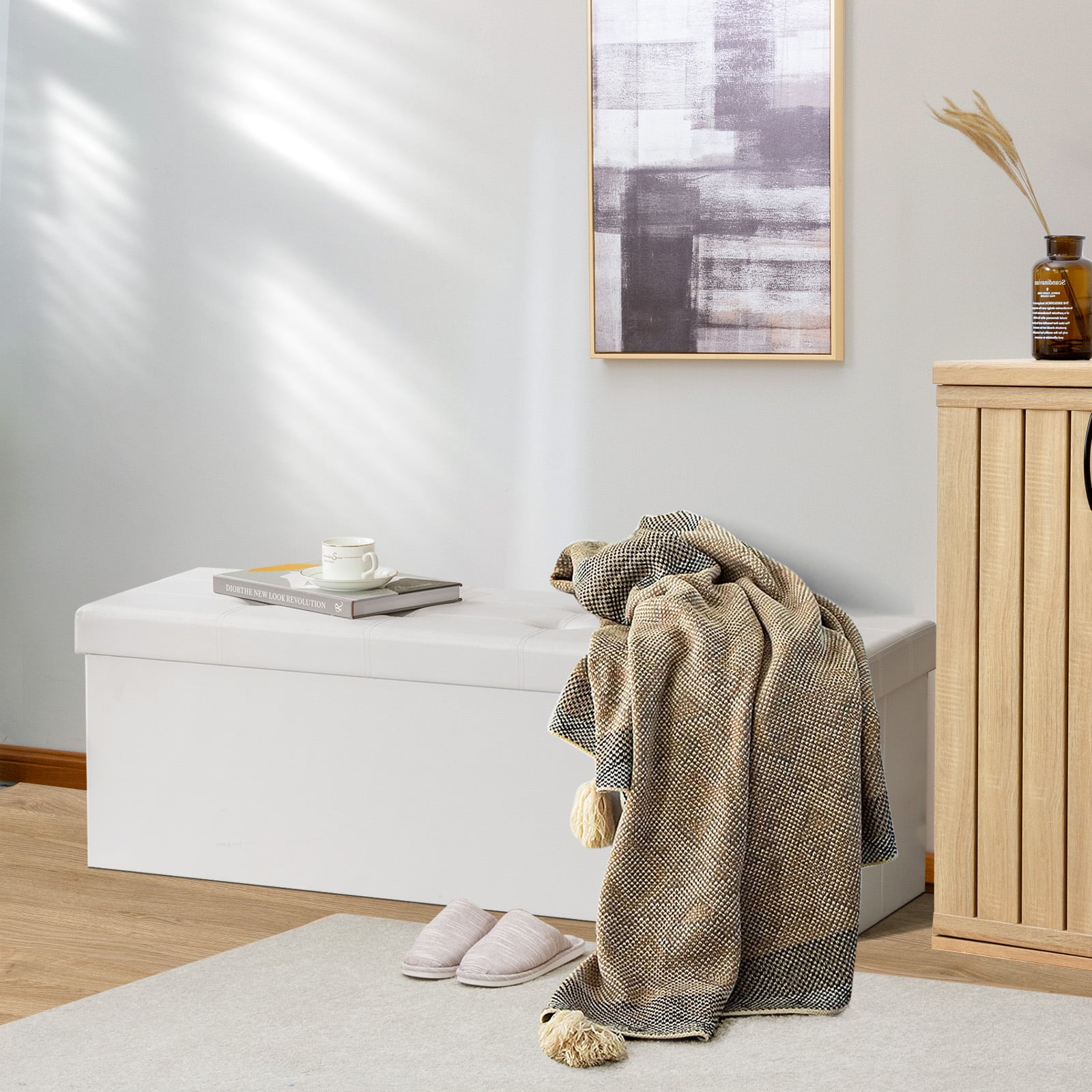 Folding Storage Ottoman Bench with Lid for Living Room-White