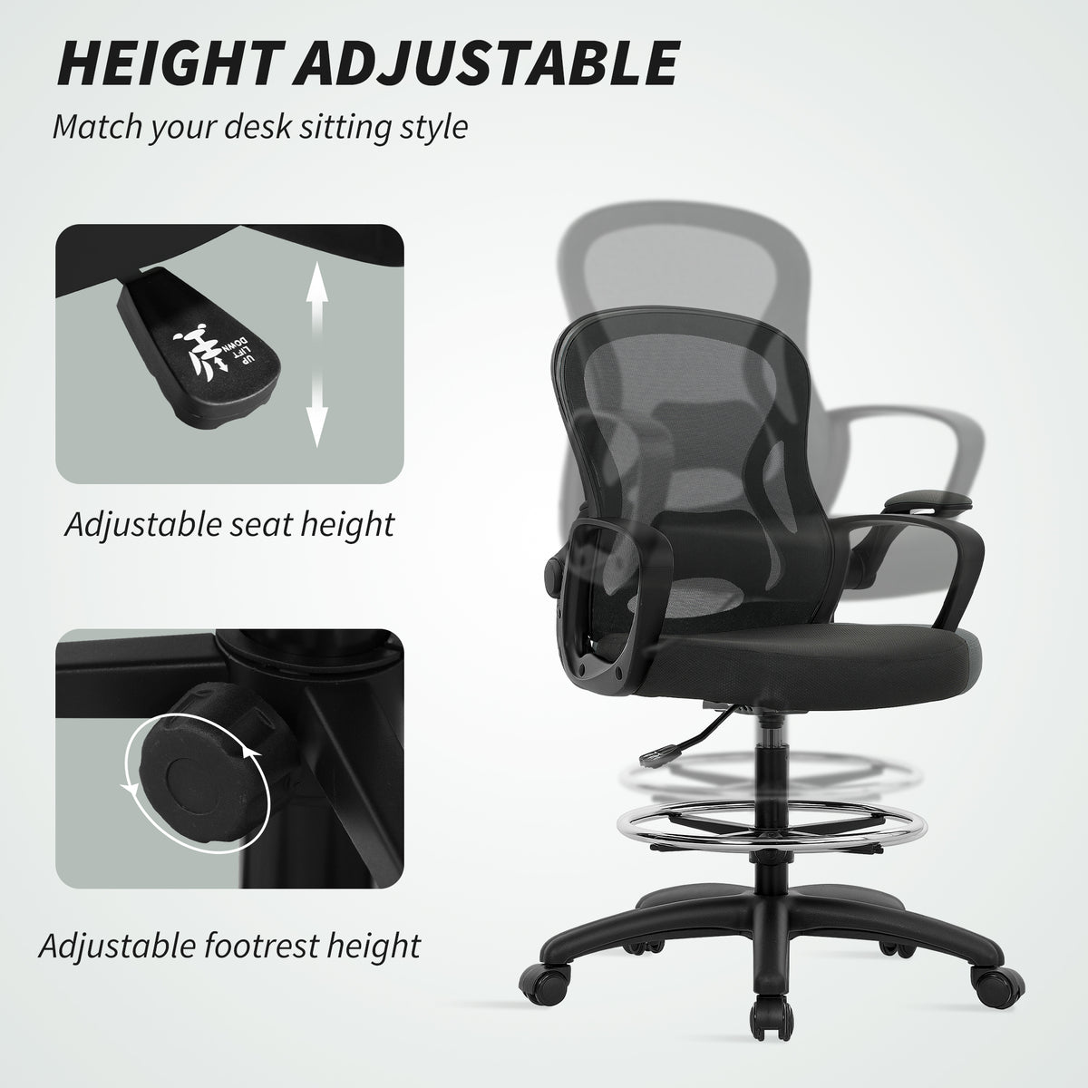 Vinsetto Drafting Chair with Adjustable Footrest in Black