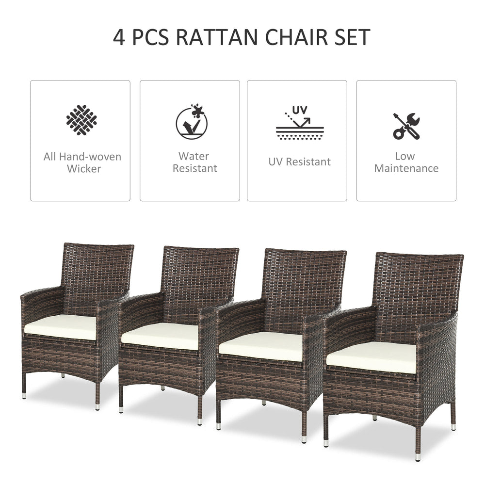 Four rattan chairs with cream cushions, each with a label indicating hand-woven wicker