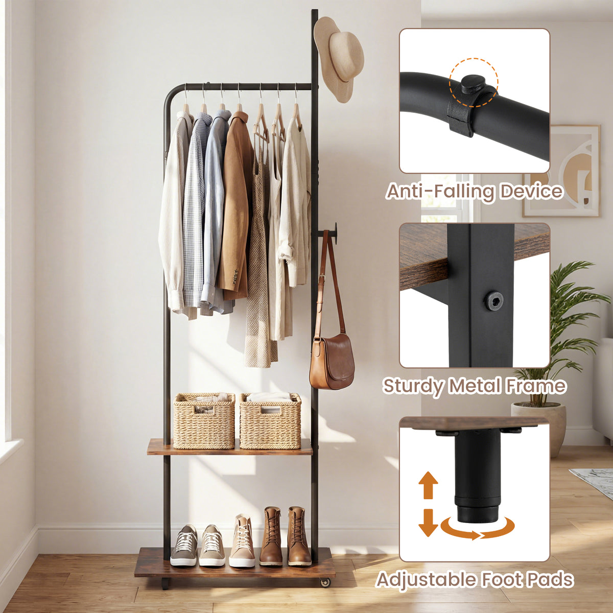 Freestanding Clothing Rack with Wheels and Hanging Rod-Rustic Brown