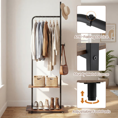 Freestanding Clothing Rack with Wheels and Hanging Rod-Rustic Brown