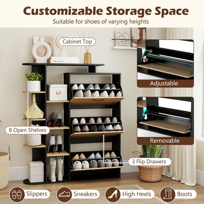 Freestanding Shoe Organizer with 3 Flip Drawers and 8 Adjustable Drawer Shelves-Black