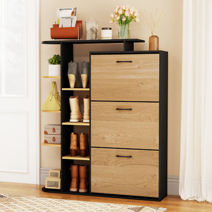 Freestanding Shoe Organizer with 3 Flip Drawers and 8 Adjustable Drawer Shelves-Black