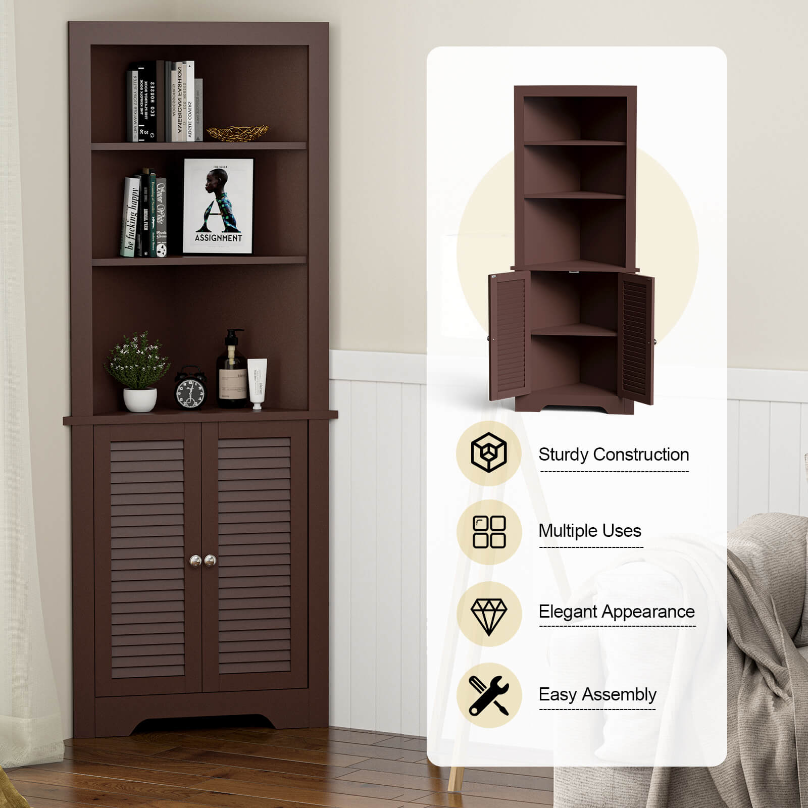 Freestanding Bathroom Corner Cabinet with Shutter Doors-Coffee