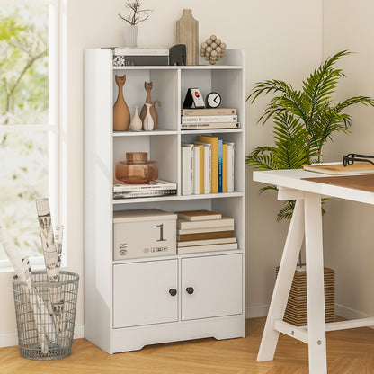 Freestanding Bookcase with 2 Storage Cabinets and 5 Cubbies-White