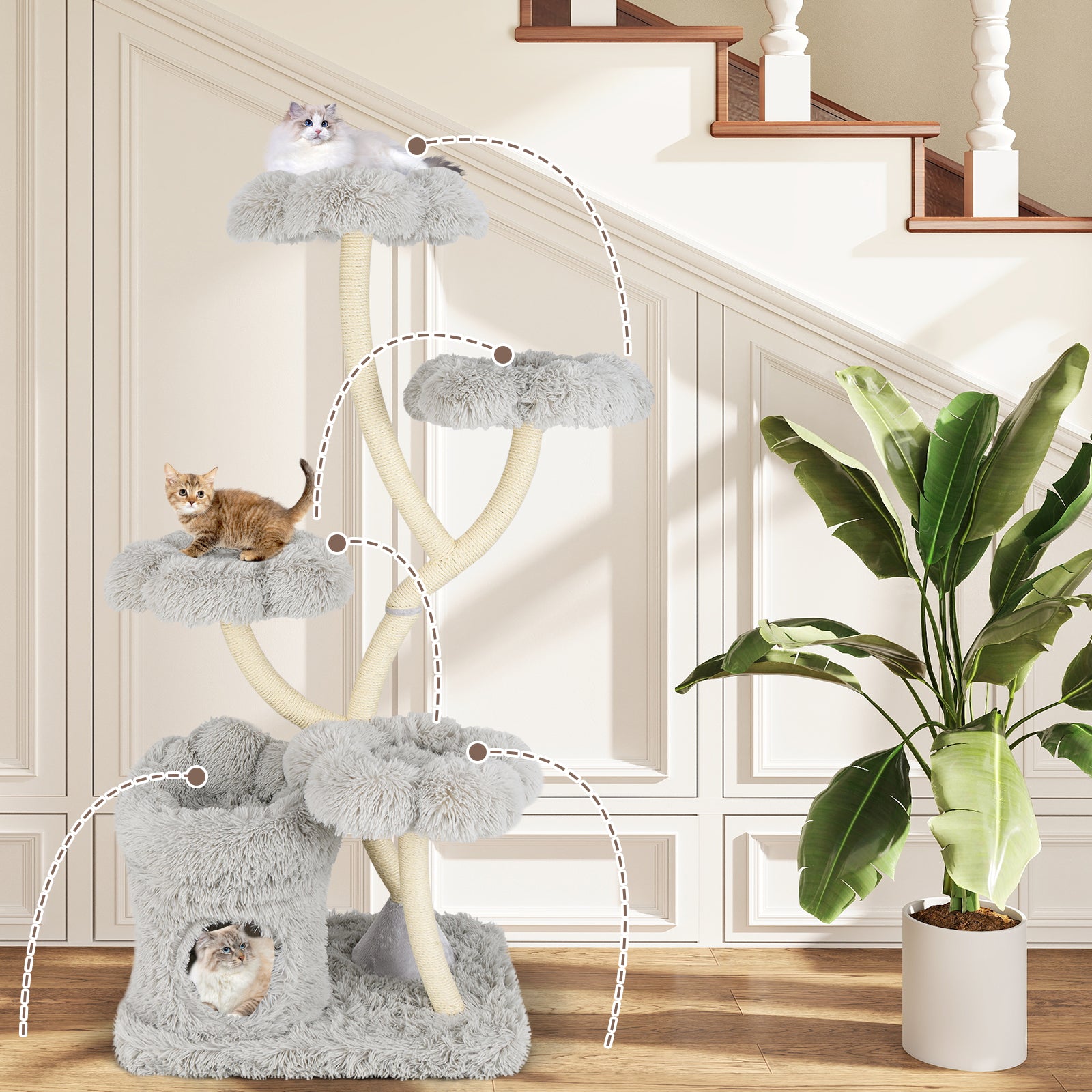 Tall Cat Tree with 4 Flower-shaped Platforms and Sisal Scratching Posts-Grey