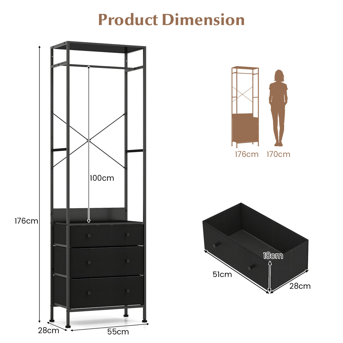 Freestanding Closet Organizer Clothes Rack with Drawers-Black