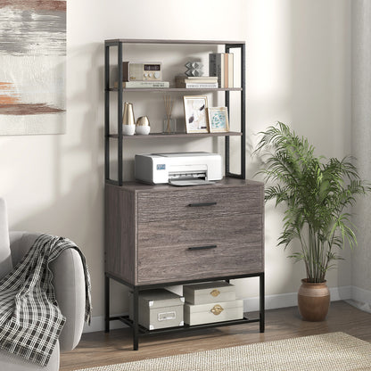 Freestanding Printer Stand with 3-Tier Open Shelves and Large Drawer-Grey