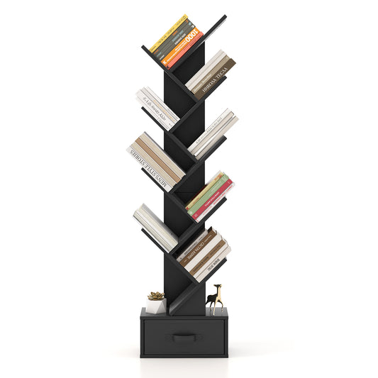 10-Tier Freestanding Tree Bookshelf with Drawer in black, shown against a white background with books on its shelves