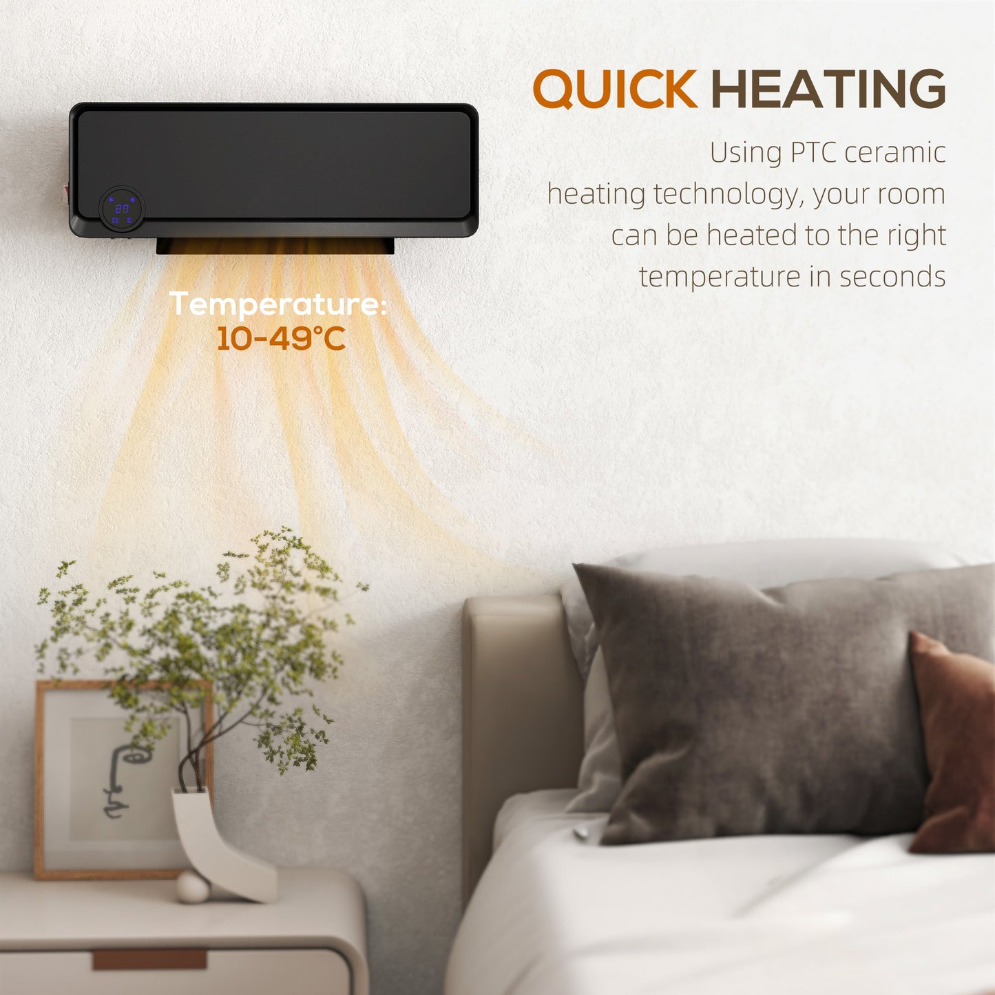 HOMCOM Wall Downflow Heater 2 Heat and Fan 1000W/2000W, Electric Space Heater with Timer Remote Oscillating, for Bedroom Home Office, Black