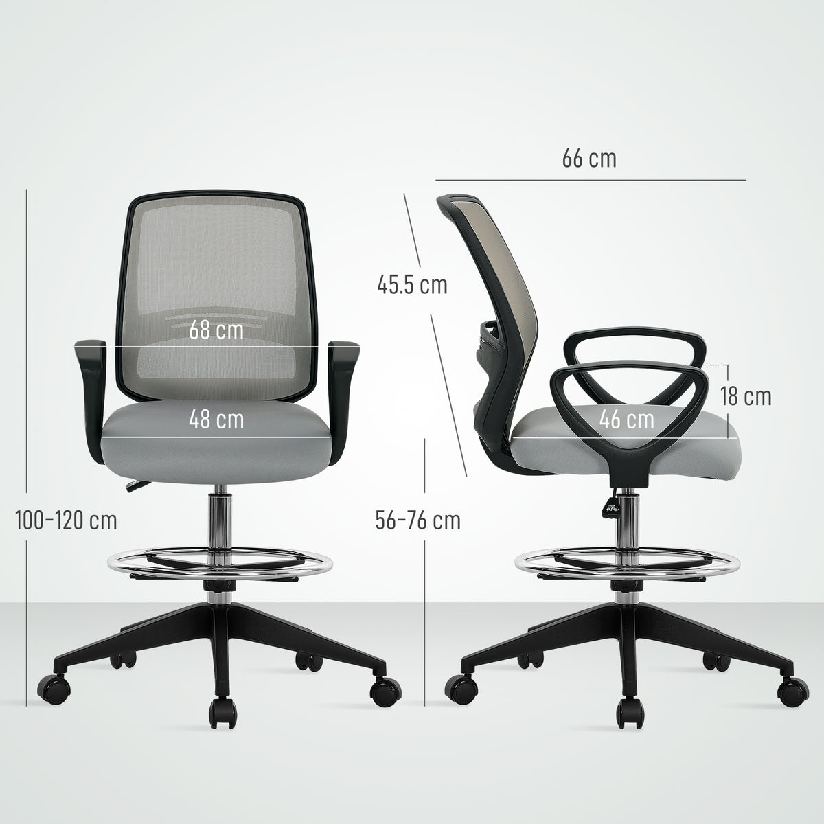 Vinsetto 100-120cm Draughtsman Office Chair in Light Grey