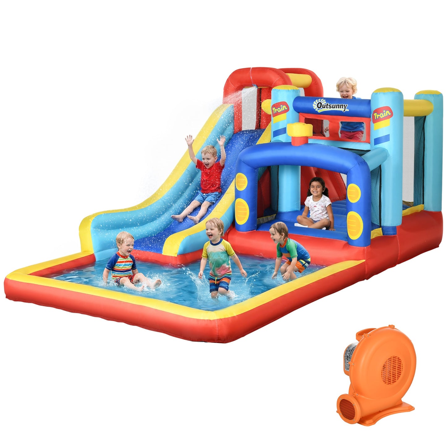 Outsunny 4-in-1 Bouncy Castle, with Slide, Trampoline, Climbing Wall, Blower, Multicoloured