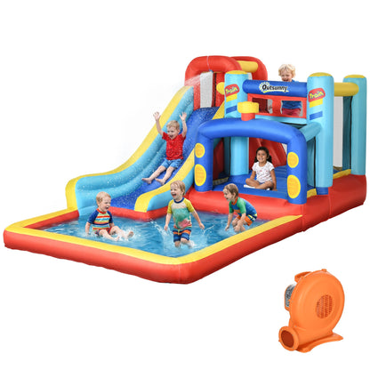 Outsunny 4-in-1 Bouncy Castle, with Slide, Trampoline, Climbing Wall, Blower, Multicoloured
