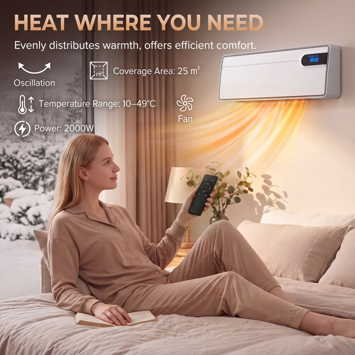 HOMCOM Smart Electric Heater, 2000W Ceramic Wall Space Heater, App Wifi Enabled, Oscillation Fan, Adjustable Thermostat, White