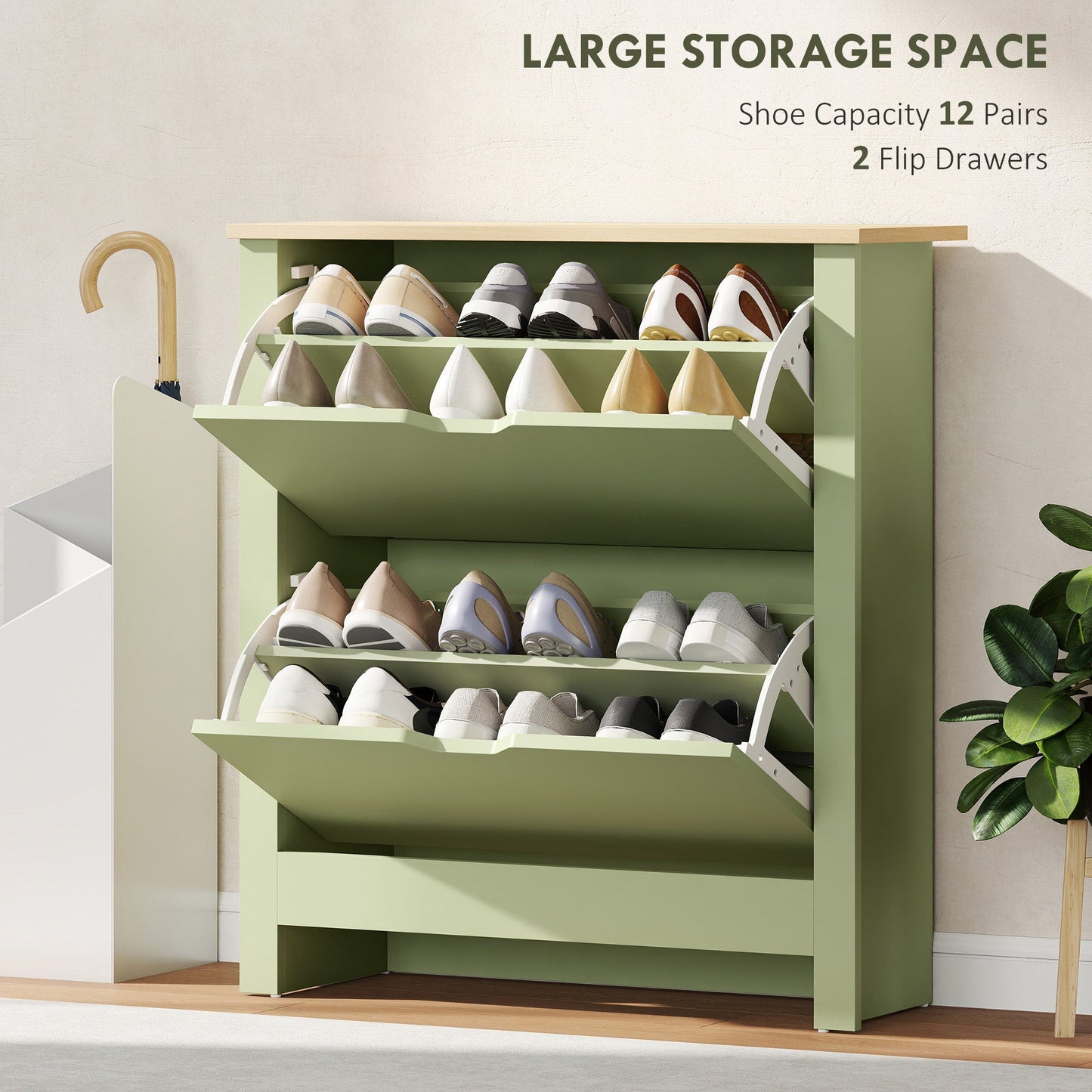 HOMCOM Slim Shoe Cabinet, Narrow Shoe Cupboard with 2 Flip Drawers, Adjustable Shelves for 12 Pairs of Shoes, Green