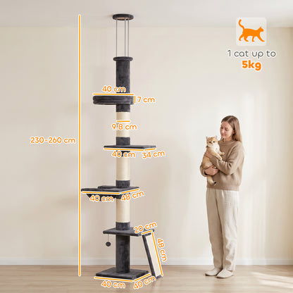 PawHut Floor to Ceiling Cat Tree, 230-260 cm Adjustable 5-Level Cat Tower with 3 Top Tension Rods, Bed, Hammock, Dark Grey