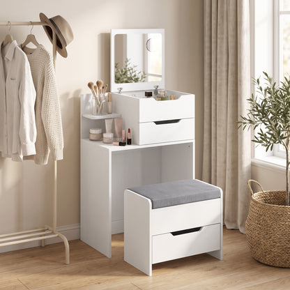 HOMCOM Vanity Desk Flip Top Hidden Mirror Vanity Rolling Stool Open Shelf White Wood Effect