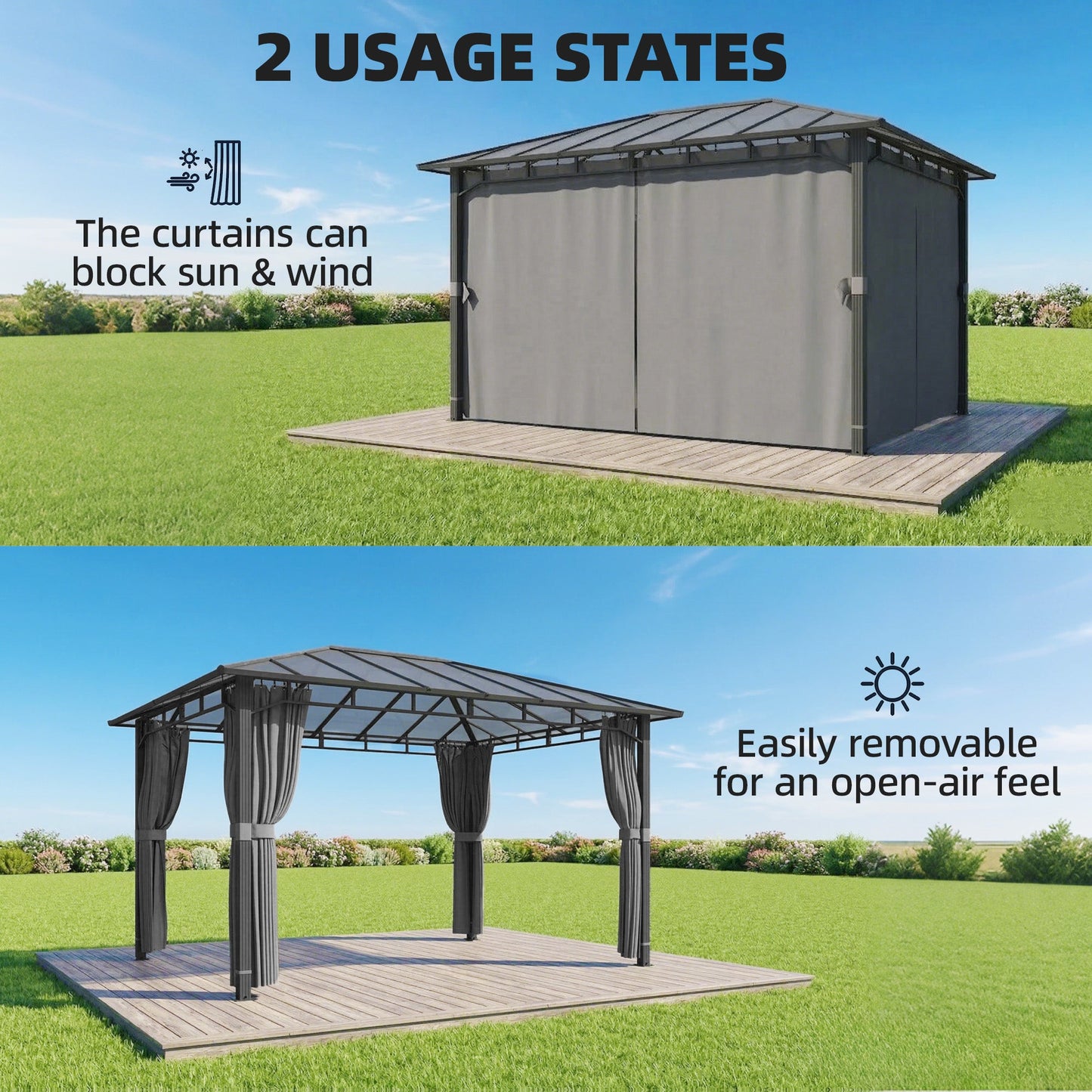 Outsunny 3 x 4 m Outdoor Hardtop Gazebo Canopy with PC Roof, Aluminium Permanent Pavilion Garden Gazebo with Curtains, Dark Grey