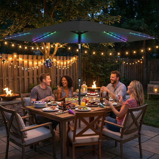 مظلة فناء بقطر 3 متر من Outsunny مع 112 مصباح LED يعمل بالطاقة الشمسية، مظلة فناء بمقبض تدوير، رمادي