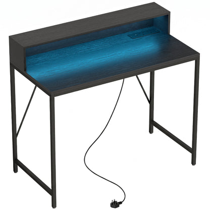 HOMCOM Gaming Desk, 100cm Computer Desk with LED Lights, Power Outlets, Monitor Stand and Remote, Black Wood-Effect