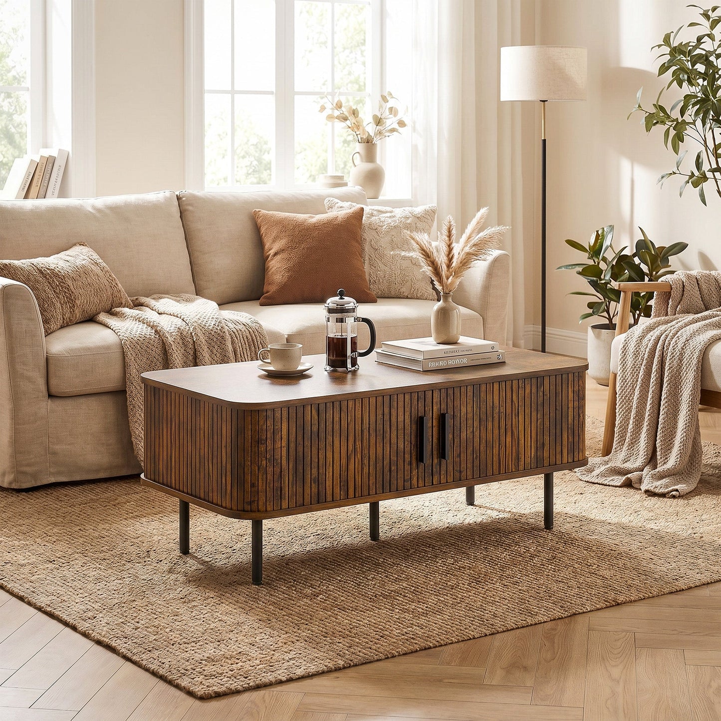 HOMCOM Coffee Table with Storage, Living Room Table with Slatted Tambour Sliding Doors and Foot Pads, Rectangular Coffee Table with Elevated Base for Living Room, Rustic Brown