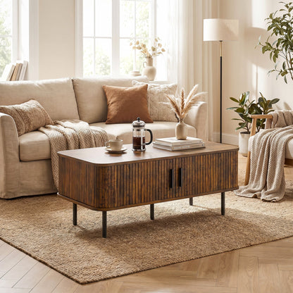 HOMCOM Coffee Table with Storage, Living Room Table with Slatted Tambour Sliding Doors and Foot Pads, Rectangular Coffee Table with Elevated Base for Living Room, Rustic Brown