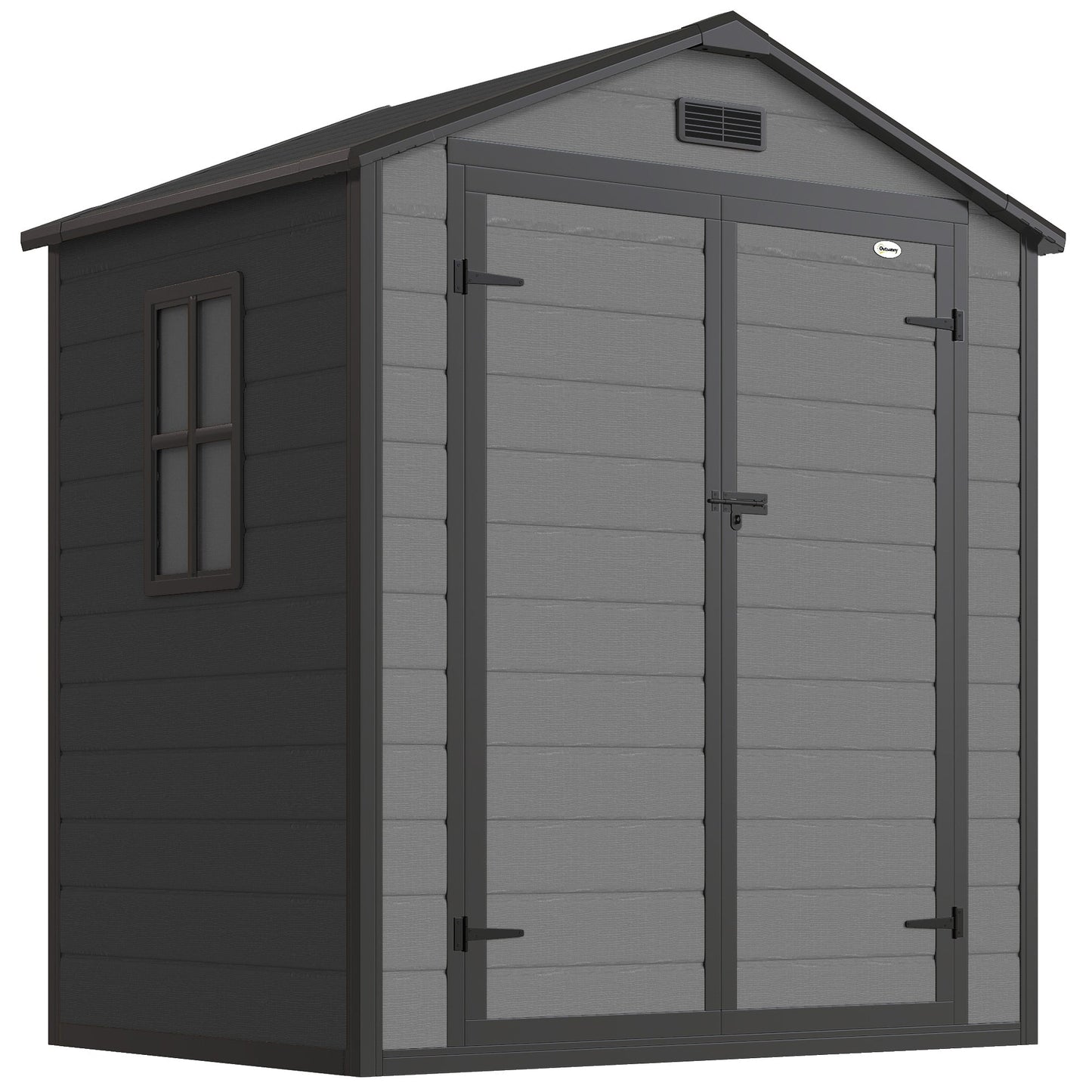حظيرة تخزين للحديقة من Outsunny مقاس 6'x4.5'، حظيرة حديقة قابلة للقفل ببابين مزدوجين، نافذة، فتحة تهوية وسقف بلاستيكي، رمادي داكن