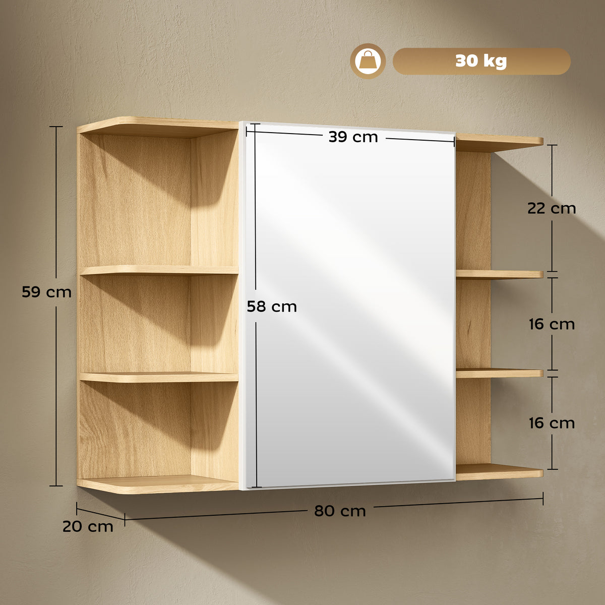 HOMCOM Bathroom Mirror Cabinet with Open Storage Shelves in a Natural Wood Finish