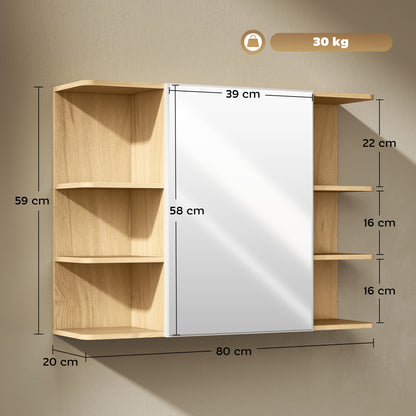 HOMCOM Bathroom Mirror Cabinet with Open Storage Shelves in a Natural Wood Finish